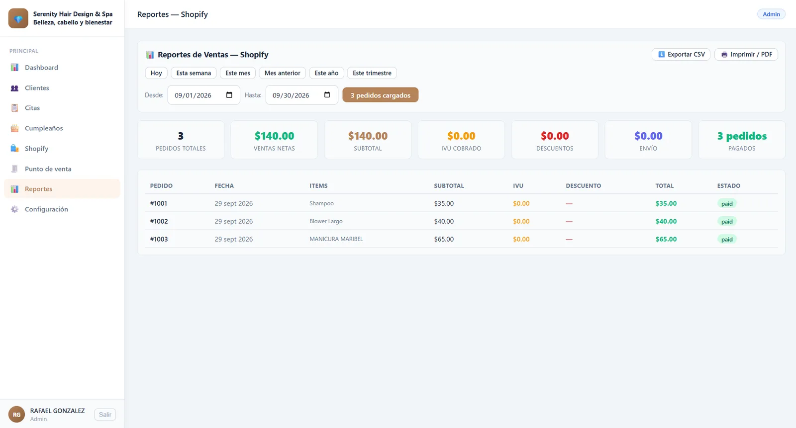 Reporte de ventas de Shopify en BeautyOS