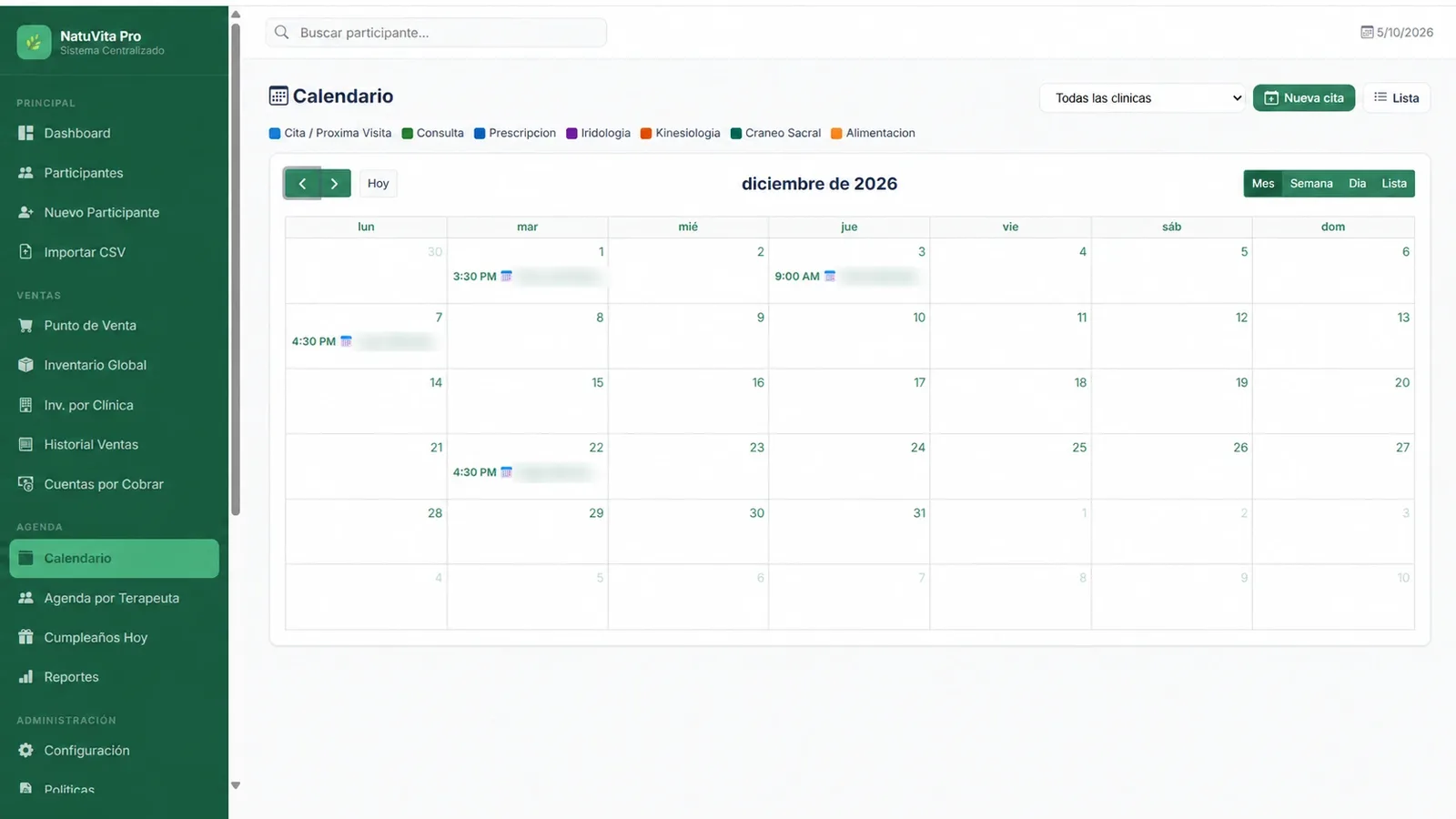 Calendario de citas de NatuVita Pro